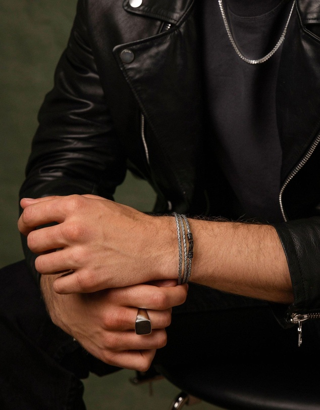Nialaya Jewellery - Men's Grey Metallic Wrap Around Leather Bracelet