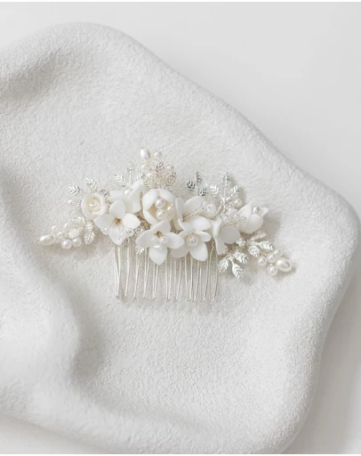 The White Collection - Cora - Freshwater Pearl and Floral Detail Silver Bridal Comb