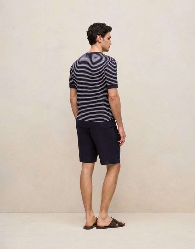 Trenery - Linen Cotton Rib Stripe Knit T-shirt in Navy