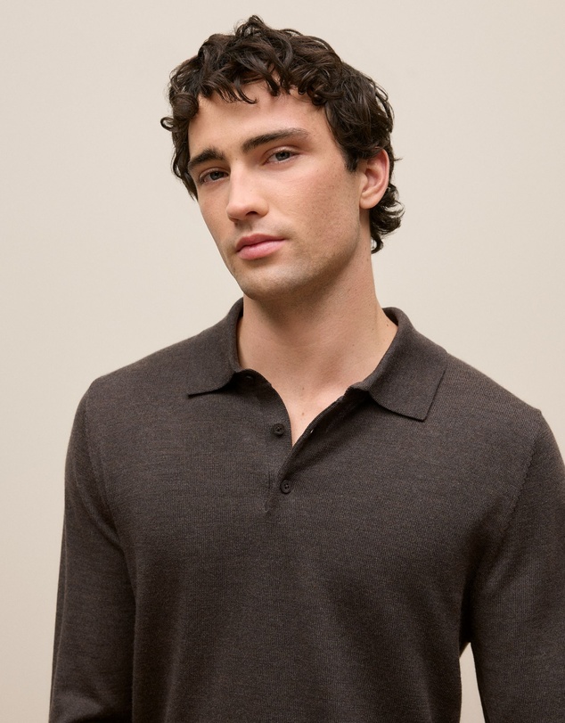 Trenery - Merino Long Sleeve Polo in Espresso