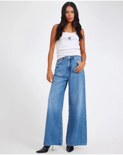 ONE TEASPOON - Love Machines Mid Waist Super Wide Leg Denim Jeans - Bright Blue