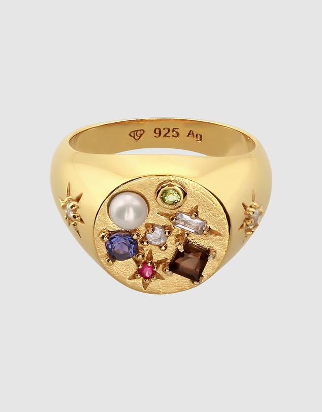 Elli Jewelry - Ring Women Signet Vintage Sapphire Moonstone Pearl 925 Sterling Silver Gold Plated