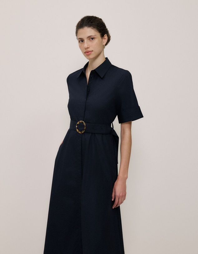 Trenery - Poplin Pleat Detail Short Sleeve Dress in Night Sky