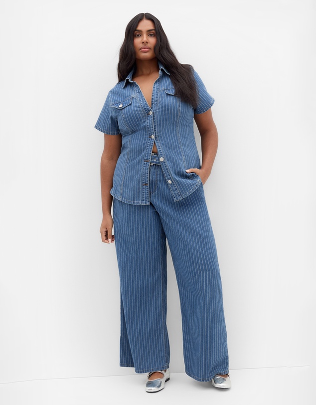 City Chic - Plus size Harley Fit Pinstripe Wide Leg Short Jean - blue wash
