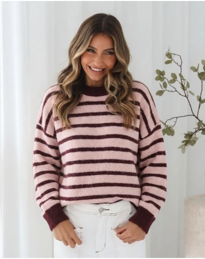 Esther & Co - Pollock Knit - Wine Stripe
