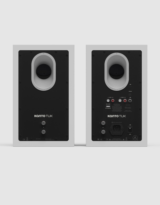 iWorld - Kanto TUK (2nd Gen) 260 W Premium Powered Speaker System with Bluetooth 5.4, Dual RCA and USB-C Inputs - Matte White w/ Aluminum