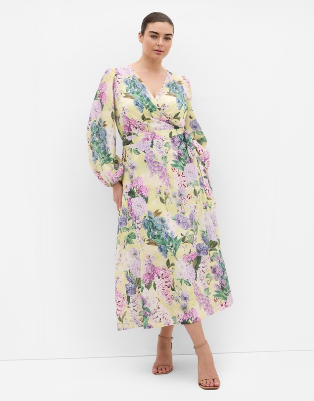 City Chic - Plus size Anastasia Hydrangea Print Wrap Maxi Dress - lemon