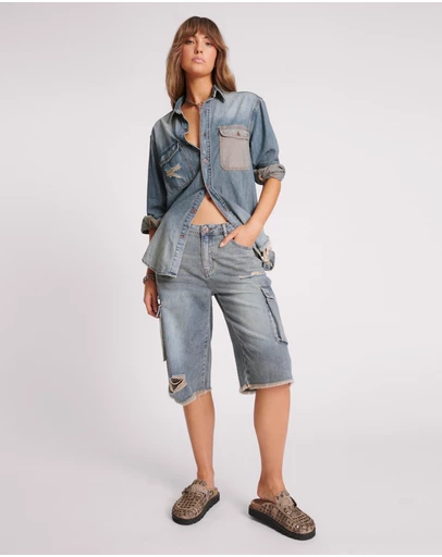 ONE TEASPOON - Skater Girl Low Waist Super Long Leg Denim Jorts - Dirty Blue