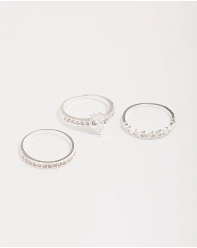 Lovisa - Silver Plated Cubic Zirconia Teardrop Stone Ring Pack