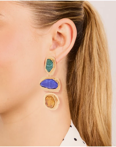 Lovisa - Worn Gold Blue & Green Acrylic Triple Layered Drop Earrings