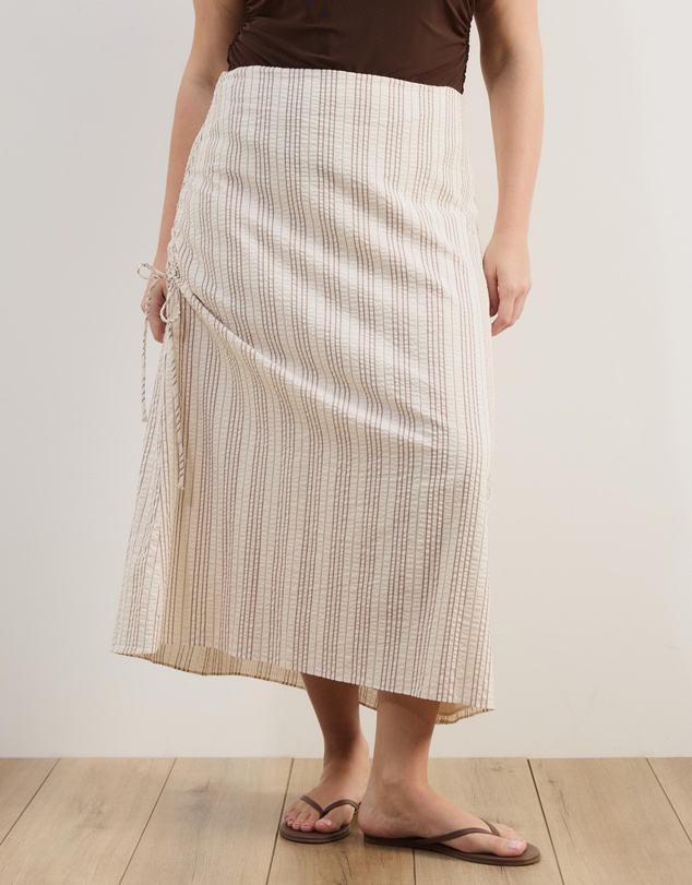 Atmos&Here Curvy - Sally Striped Cotton Ruched Side Tie Midi Skirt