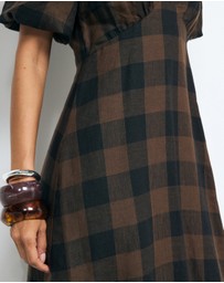AERE - Inka Linen Gingham Puff Sleeve Midi Dress