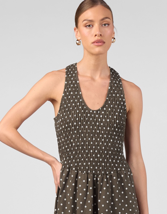 MVN - Shirring Top Polka Dot Maxi Dress