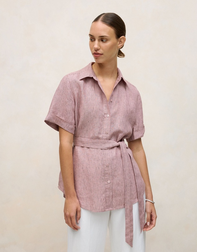 Trenery - Linen End On End Stripe Belted Shirt in Light Pink