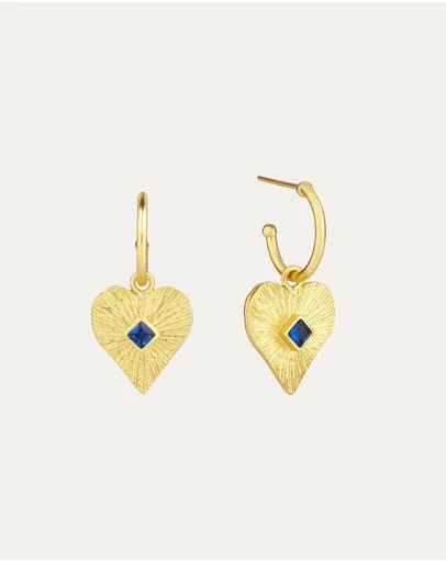 Ottoman Hands - Golden Heart Hoop Earrings with Blue Crystal