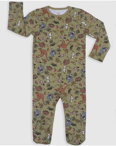 B Free Intimate Apparel - Baby Snap Button Sleepsuit with Booties - 100% Organic Cotton - Khaki Native Aussie Animals