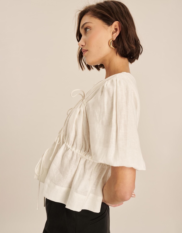 AERE - Linen Gathered Tie Front Top