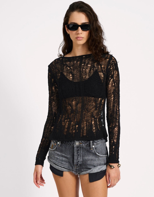 ONE TEASPOON - Cinched In Laddered Longsleeve Knit Top - Black