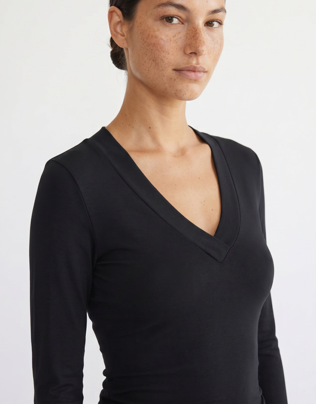 Style Addict - Margaux Deep V Henley Top - Black