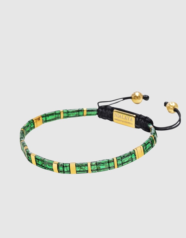 Nialaya Jewellery - Men's Bracelet with Marbled Green and Gold Miyuki Tila Beads
