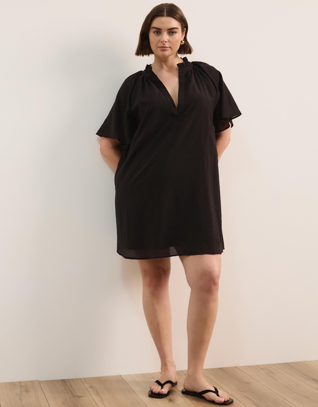 Atmos&Here Curvy - Amina Linen Blend A-Line Mini Dress with Butterfly Sleeve