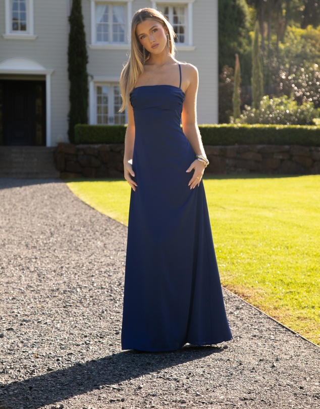 Beginning Boutique - Blaise Navy Satin Maxi Dress