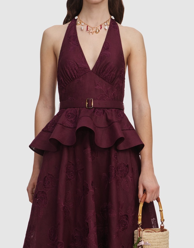 Self Portrait - Linen Peplum Midi Dress