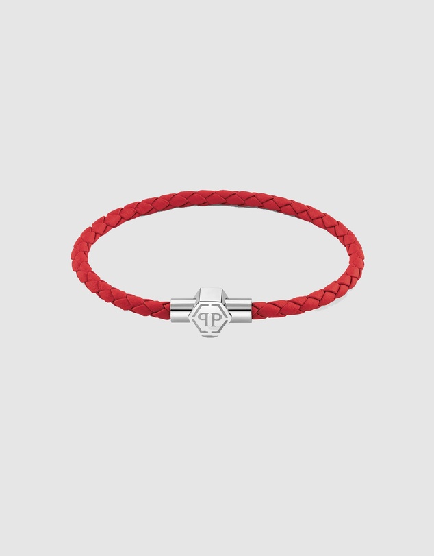 Philipp Plein - PLEIN TAG Silver-Tone  Red Leather Bracelet