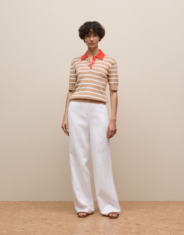Trenery - Cotton Cashmere Stripe Rib Knit Polo in Light Camel