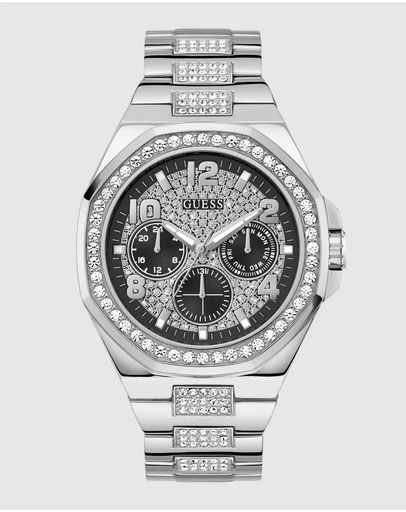 GUESS - Silver-Tone Multi-function Men's 46mm Black Dial with Crystals on Bezel and Strap Analogue Watch