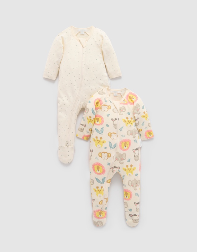Purebaby - 2 Pack Basics Printed Zip Growsuit -Kids-Babies