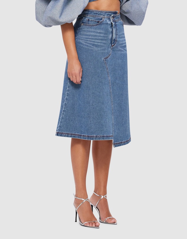 LEO LIN - Quinn Denim Asymmetric Midi Skirt - Dark Wash