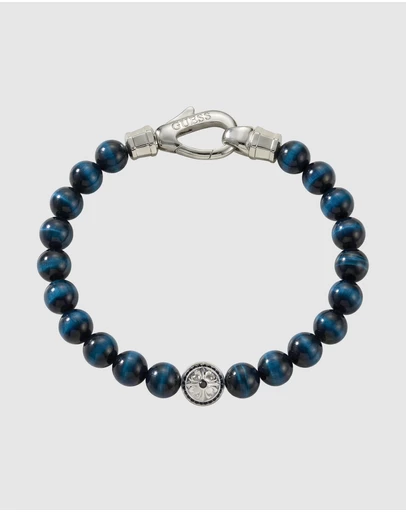 GUESS - GUESS Mens 6mm Round Blue Tiger Eye Stone Beads Bracelet