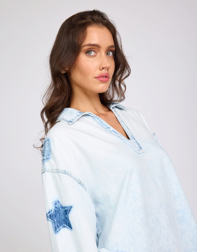 ONE TEASPOON - Le Captain Star Pullover Denim Mini Shirt Dress - Depeche Blue