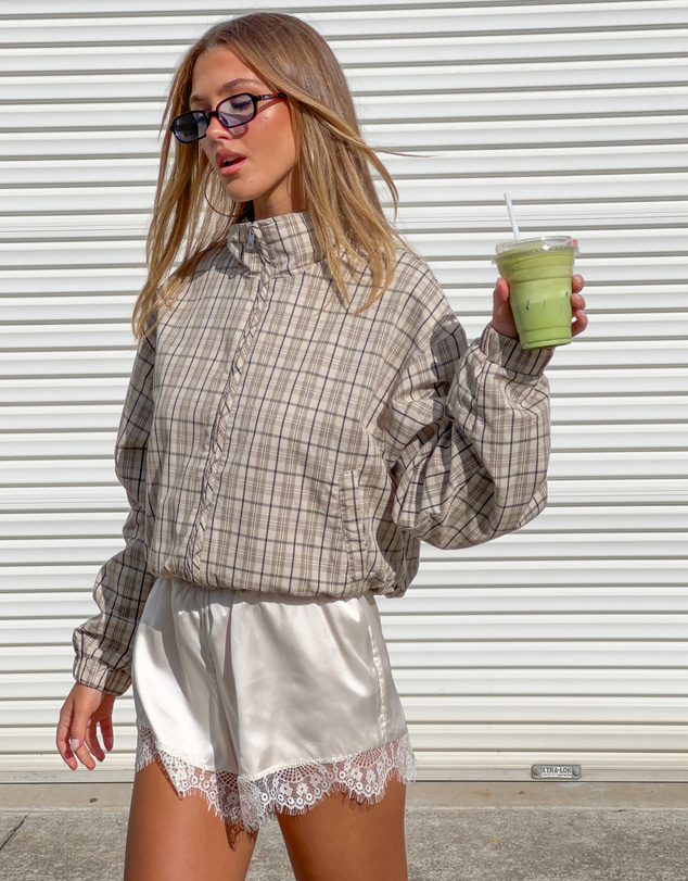 Beginning Boutique - Lee Beige Plaid Funnel Neck Jacket