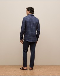 Trenery - Regular Fit Linen Fine Check Shirt in Navy