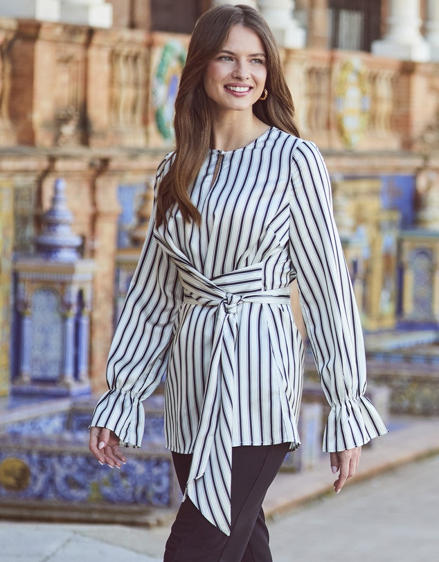 Sosandar - Ivory & Black Satin Stripe Keyhole Detail Tie Side Top