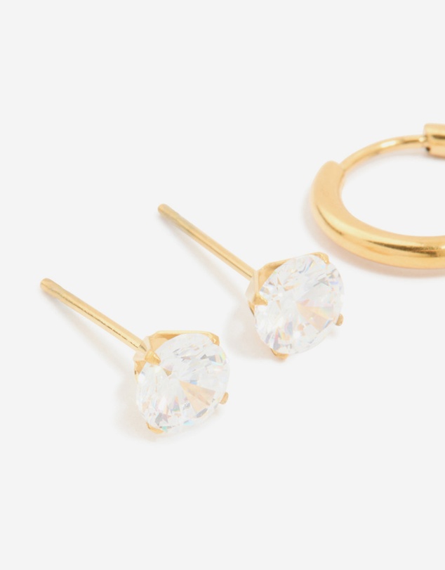 Lovisa - Waterproof Gold Plated Stainless Steel Cubic Zirconia Huggie & Stud Earrings 3-Pack