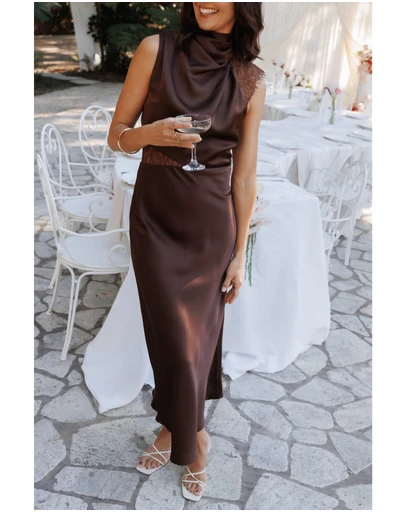 Petal & Pup - Anabelle Halter Neck Lace Maxi Dress - Chocolate Brown