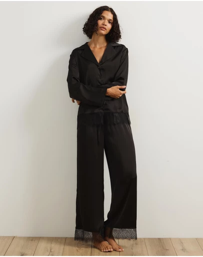 Atmos&Here - Pearl Lace Trim Long Sleeve Satin Pyjama Set