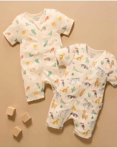 Purebaby - 2 Pack Short Sleeve Printed Growsuit -Babies