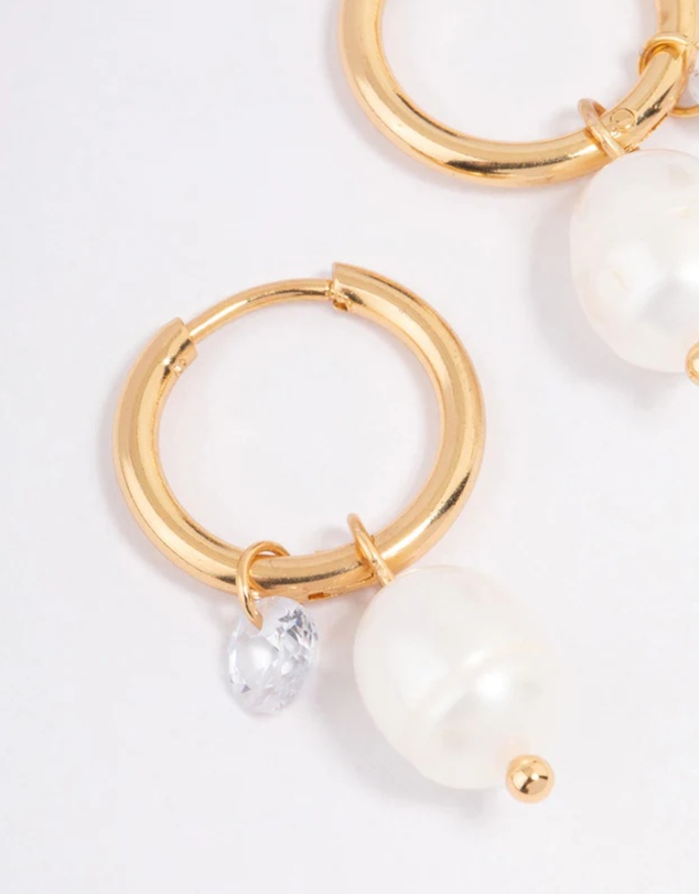 Lovisa - Waterproof Gold Plated Stainless Steel Classic Freshwater Pearl & Cubic Zirconia Huggie Earrings