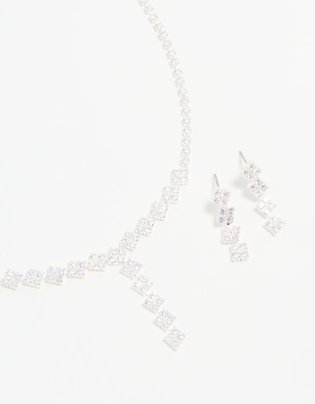 Lovisa - Silver Plated Cubic Zirconia Diamond Shaped Necklace & Earrings Set
