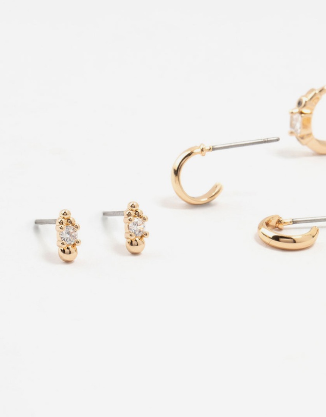 Lovisa - Gold Round & Square Stone Earrings 3-Pack