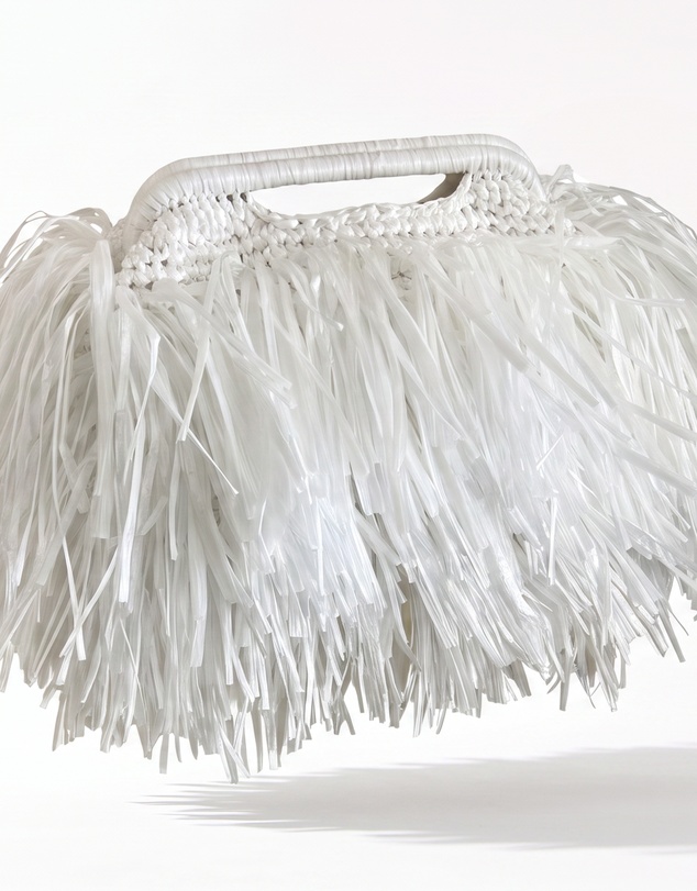 Izoa - Izoa Bridgett Tassel Clutch White Hand-Woven Crochet Fringe Bag with Handle