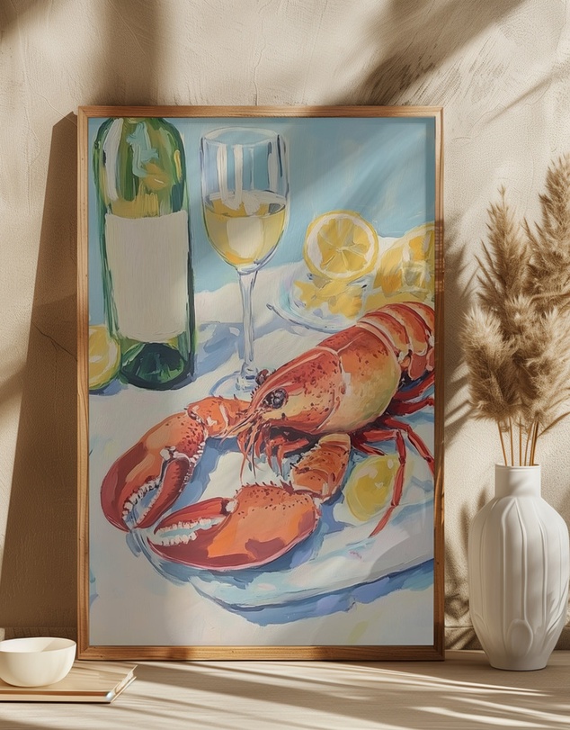 Olive et Oriel - Lobster And Wine Still Life by Melloi Art Prints Art Print