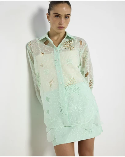 Cirkular - Pre-Loved - Oroton Mint Lace Shirt and Skirt Set