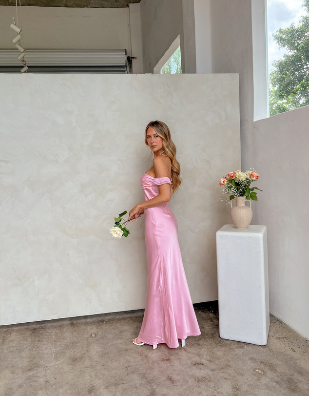 Beginning Boutique - Elvira Pink Satin Formal Maxi Dress