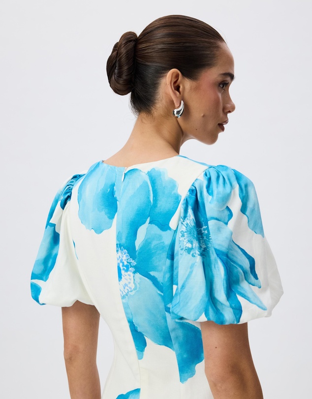 Tussah - Chiara Linen Blend Floral Print Twist Front Puff Sleeve Midi Dress