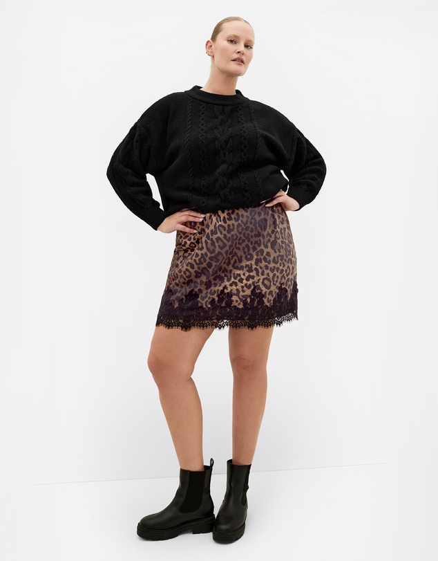 City Chic - Plus size Lace Trim Leopard Print Mini Skirt - chocolate